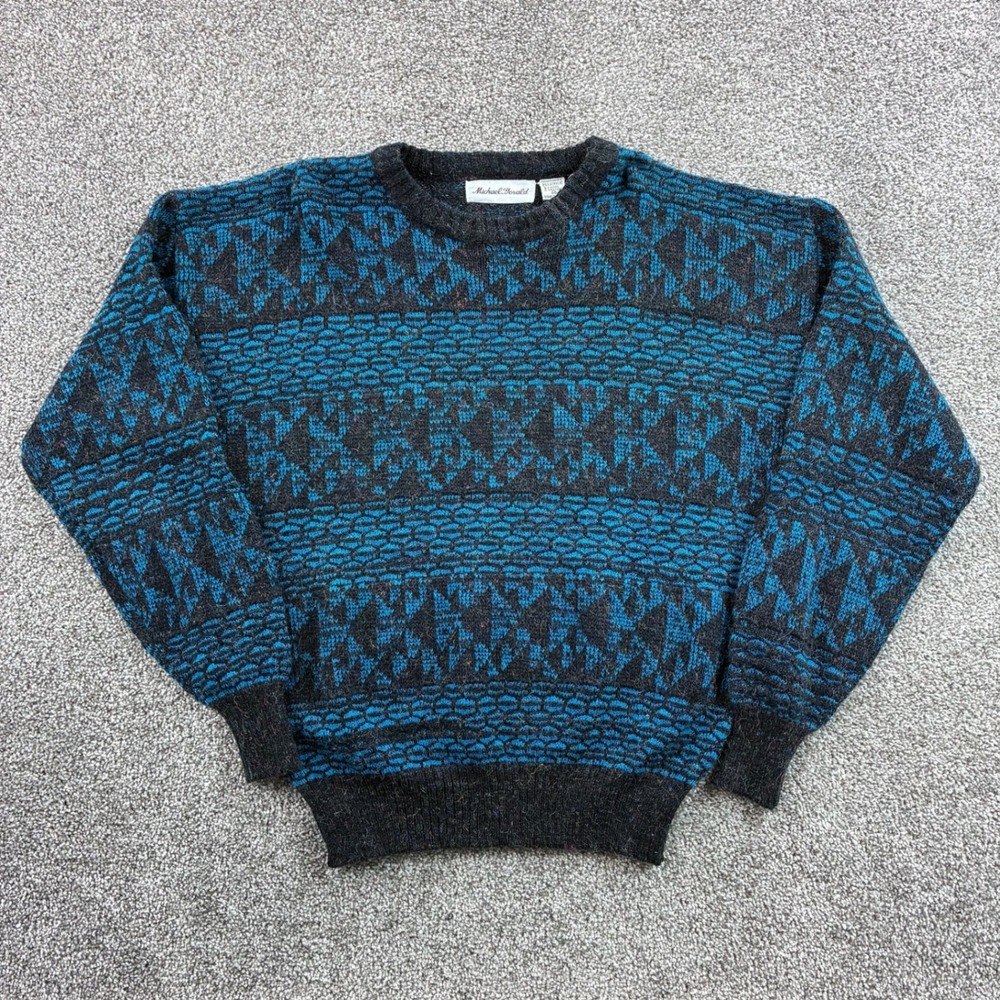 Vintage Michael Gerald Sweater Mens M Blue Gray Acrylic Wool Geometric Knit